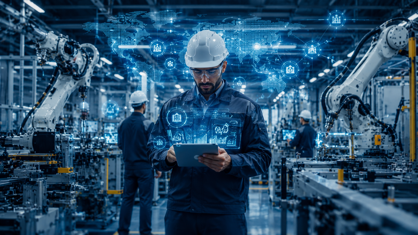 Engineer using a tablet on an automated manufacturing line with robotic arms