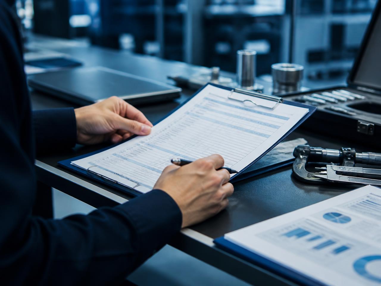 Consultant reviewing quality management documentation during a certification audit