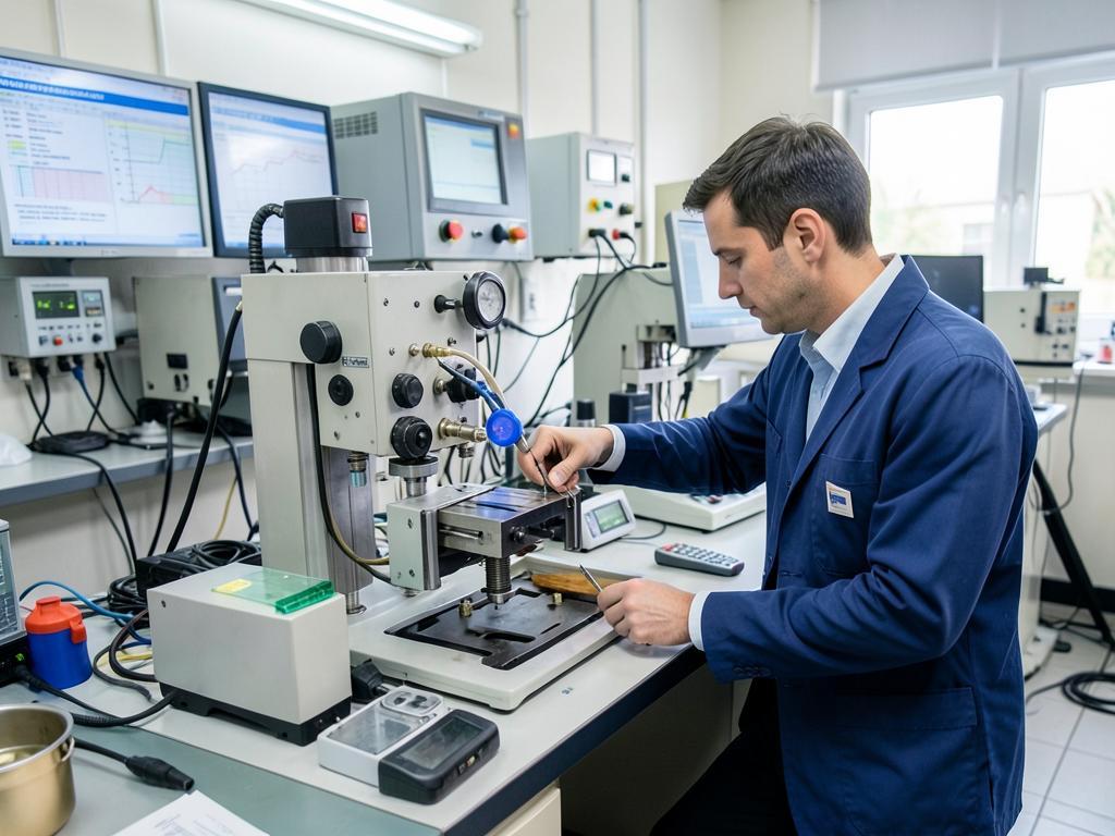Engineer testing an industrial machine assembly with measurement instruments in a product conformity laboratory
