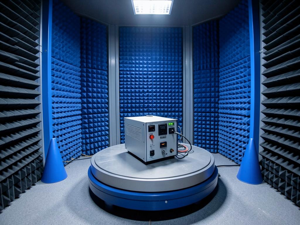 Electronic device under test on a turntable inside an anechoic chamber lined with blue absorber cones