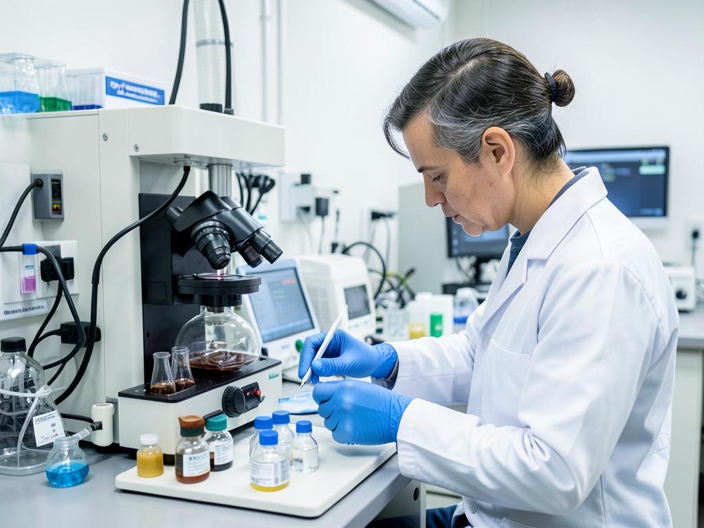 Laboratory technician testing regulated product samples with analytical instruments in a clean laboratory