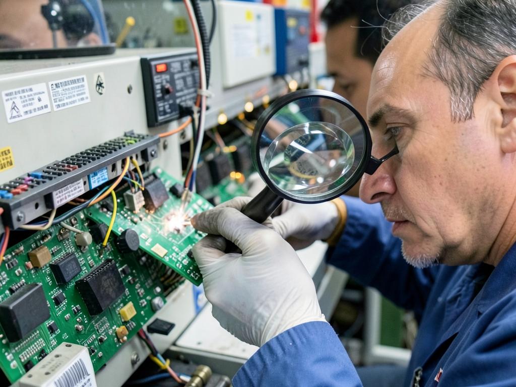 Technician inspecting a printed circuit board under a magnifier on an electronics assembly line