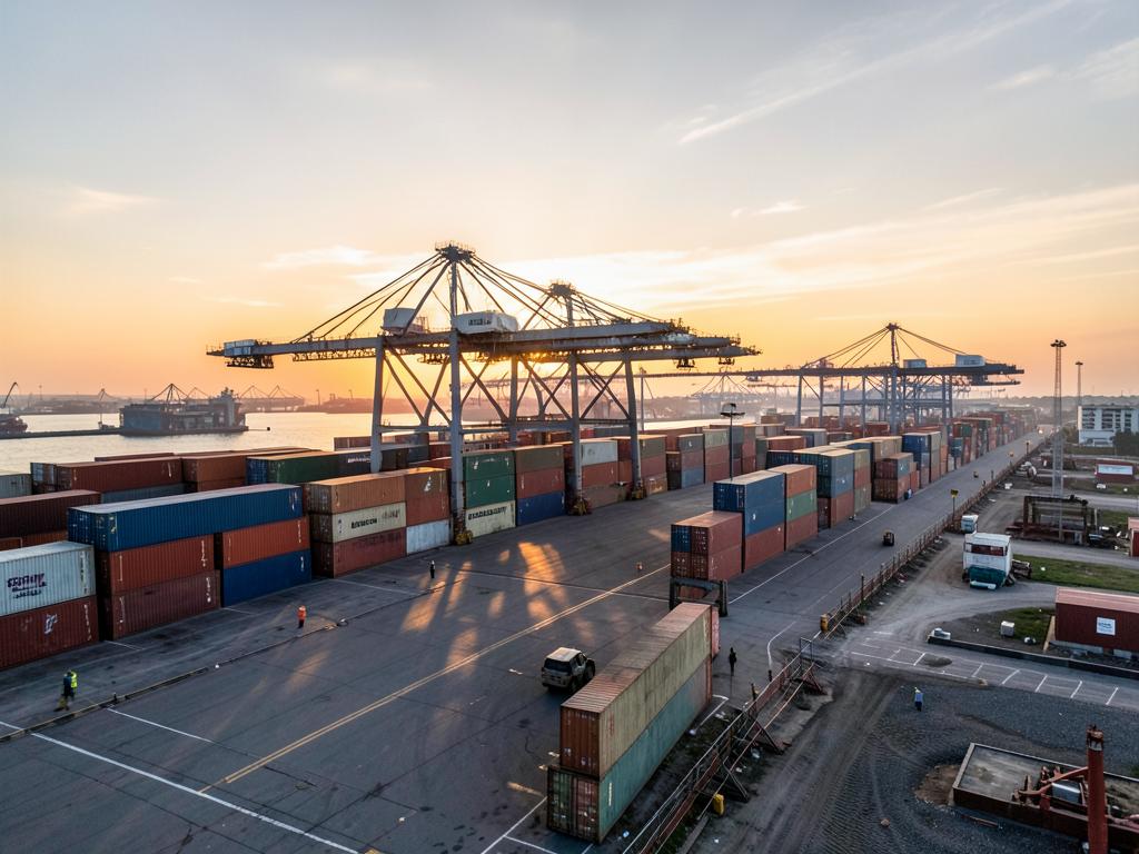 Container port at sunrise with cranes loading export cargo containers