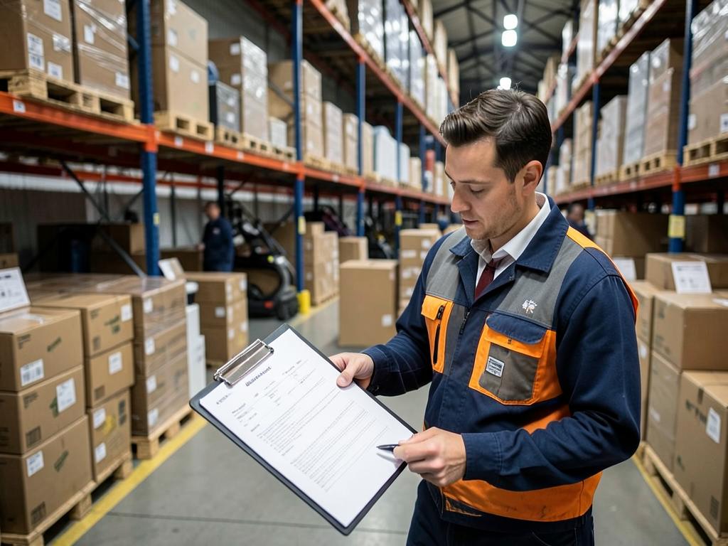 Inspector reviewing product documentation on a clipboard in an export goods warehouse